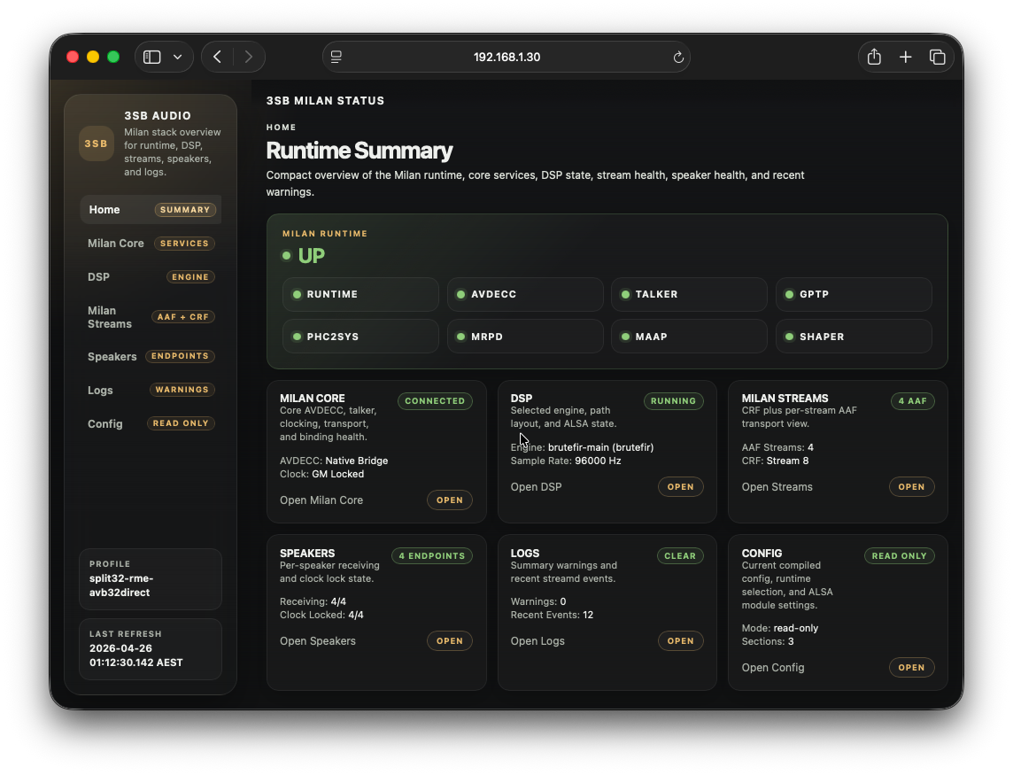 3SB Controller operator interface showing Milan AVB runtime, stream, clock, and speaker status.